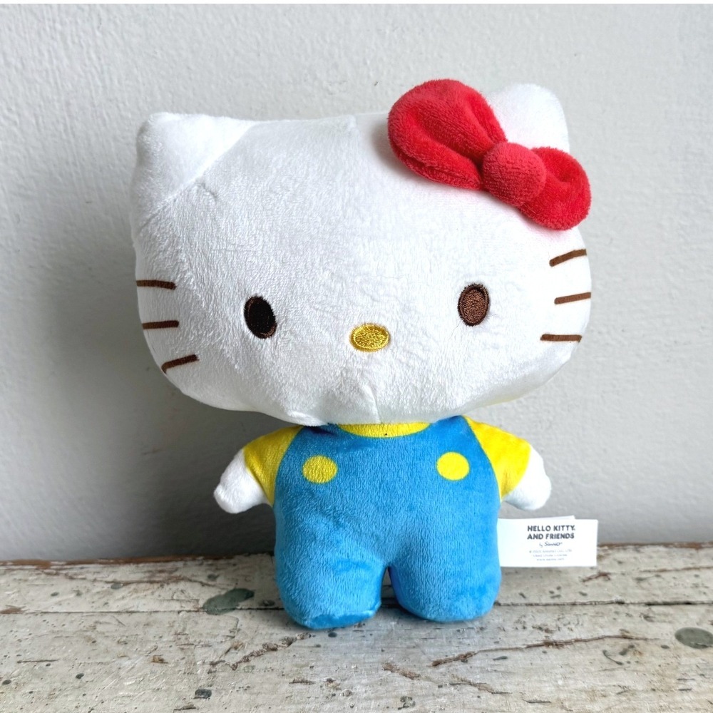Sanrio Hello Kitty Plush 8" Blue Overalls Red Bow Stuffed Animal